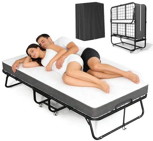 SUNCROWN 75” x 38” Folding Bed with Mattress, Portable Rollaway Twin Folded Beds, Space-Saving Sturdy Metal Frame, Fold up Bed with 5 Memory Foam Mattress, Hideaway, Fold Up, Roll Away