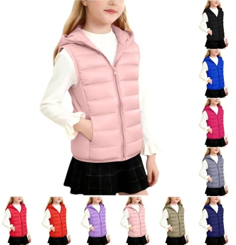 Blczomt Girls Puffer Vest Hooded Warm Travel Zip Up Sleeveless Winter Jacket Lightweight Padded Vests Cozy Fall Coats Clothes puffer jacket with hood Pink 11 Years