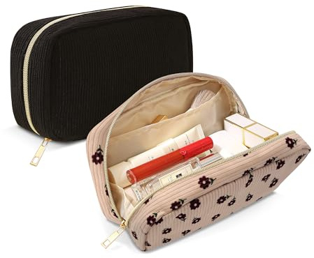 NANDADEVI Trousses de Maquillage en Velours côtelé avec Fermeture éclair en métal, organisateurs de Voyage pour cosmétiques, Trousses de Toilette (Noir+Fleur Rouge Blanc cassé, 2pcs)