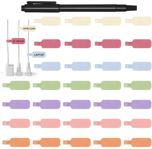GripZz Cable Labels, Write-On Cord Tags for Cable Management and Wire Identification, 35 Pcs, 7 Pastel Colors, Dual-Tip Marker Included