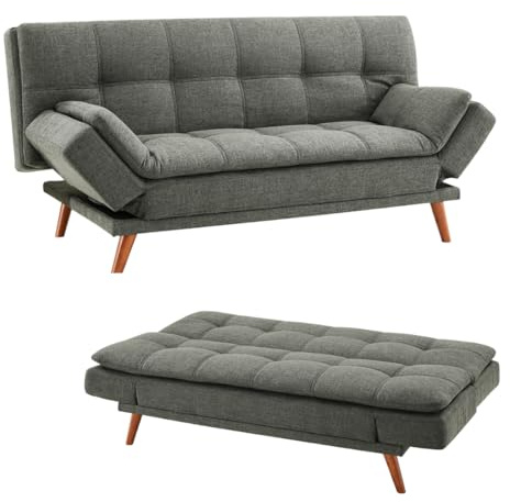 Home Detail Cube Pattern Cushioned Fabric Sofa Bed in Grey or Dark Grey with Adjustable Folding Armrest Function and Wooden Legs (Grey Fabric)