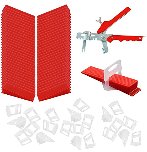 100 Cunei + 100 Tampone Livellatore + 100 Cunei, Sistema di Livellamento Piastrelle, Kit Ausiliari per Posa Piastrelle, per Piastrelle, Pavimenti, Utensili(Rosso e Trasparente)