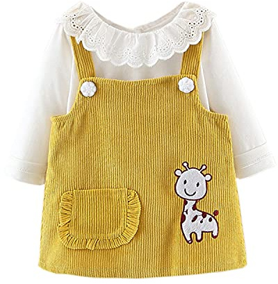 Verve Jelly Conjunto de vestido para niñas pequeñas, camisetas de manga larga con volantes, tops + tirantes, falda con tirantes y bolsillo, trajes de otoño invierno, amarillo, 90 1-2 años