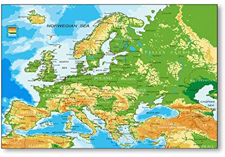 Postereck - 1031 - Europa Karte, Länder Hauptstädte Englisch Schrift - Wandposter Fotoposter Bilder Wandbild Wandbilder - Leinwand - 60,0 cm x 40,0 cm