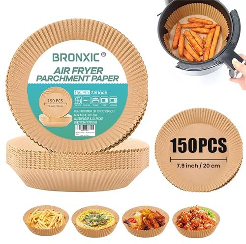 BRONXIC® 150PCS Large Air Fryer Liners 20cm | Heavy Duty Oil Proof & Non-Stick Air Fryer Liner | Heat Resistant Disposable Parchment Airfryer Liners | Perfect for Baking, Roasting & Cooking