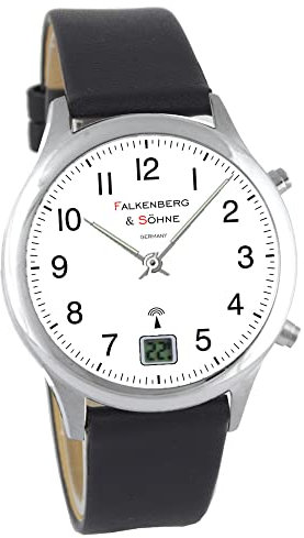 Falkenberg & Söhne Funkarmbanduhr Japanisches Quarzuhrwerk Funkuhr 42 mm Edelstahl Leder 22 mm Funksignal DCF77 Herrenarmbanduhr Damenarmbanduhr Digitale & Analoge Anzeige Datumsanzeige