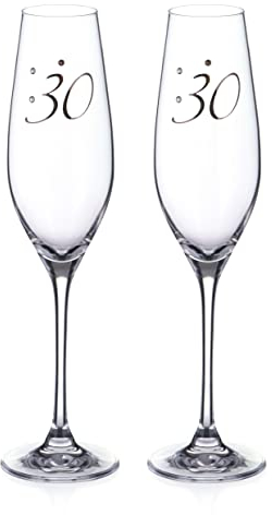DIAMANTE Swarovski 30th” Birthday Champagne Flutes – Set of Two Crystal Champagne Glasses with Platinum 30 Embossed and Swarovski Crystals – Gift Boxed