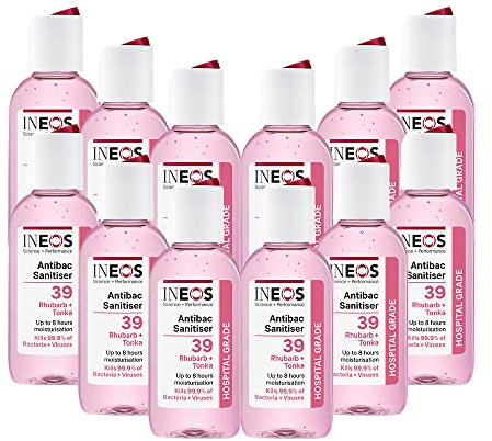 INEOS Mini Antibacterial Hand Sanitiser Gel 50ml - Rhubarb & Tonka - Hospital Grade Disinfectant, Eliminates 99.9% of Viruses and Bacteria, 12 x 50ml, Travel, Holiday, and Festival Essentials