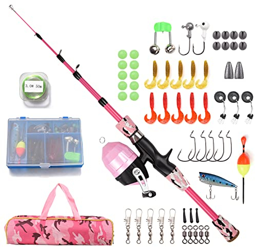 doorslay Angelset Kinder, Tragbares Angelset für Kinder, Teleskop Angelrute Angelrolle und Köder Set, 1,2 m/1,5 m/1.65m Kinder-Angelruten, Angelrute Set Kinder mit Tragetasche