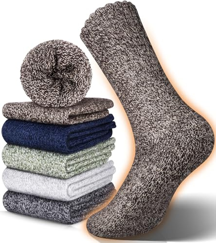 Reamphy 5 Pairs Wool Warm Mens Socks, Soft Thermal Socks, Thick Winter Walking Hiking Socks Casual Crew Socks Woolen Knitting Boot Socks for Men