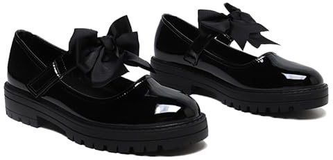 Gizelle® Girls Patent Black Mary Jane School Shoes with Detachable Bow On Strap - Toddler Kids Back to School Comfortable Anti-Slip Uniform Flat Shoes UK-6uk
