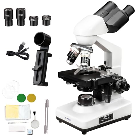 Svbony SM201 Microscopio Binoculare, 40X-2500X Microscopio Composito, Condensatore Abbe Illuminazione a LED Doppio Strato Meccanico, Binoculare Laboratorio Microscopio per Studenti Adulti