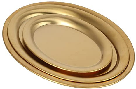 3 Piezas Bandeja Ovalada de Acero Inoxidable, Bandeja de Metal Bandejas de Postre de Frutas, Bandejas de Almacenamiento Plato Decorativo para Aperitivos, Galletas, Ensalada de Filete(Oro)
