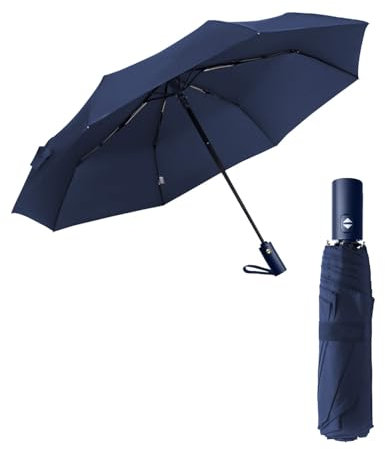 HW CASA Parapluie pliant coupe-vent, 105 cm, parapluie automatique, 8 lames, renfort en fibre de verre, parapluie résistant au vent, compact et portable, parapluie de voyage, homme et femme, bleu,