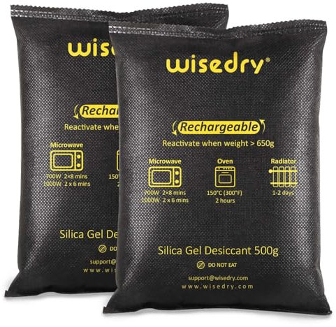 Wisedry 500g x 2 Packs Silica Gel Packets Large, Silica Gel Sachets for Clothes Storage, Microwave Fast Reactivate Moisture Absorber for Storage Boxes
