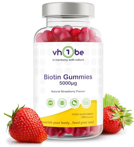 vh1be Biotin Gummies 10,000 mcg for Stronger Hair, Skin & Nails - 150 Vegan Gummies | Natural Strawberry Flavour Biotin Supplement