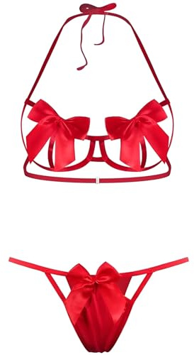 EASYLONGJEE Sexy Womens Exotic Lingerie Sets, Bow Tie Hot Cute Teddy 2 Piece Lingerie Set Christmas Valentines Lingerie Red