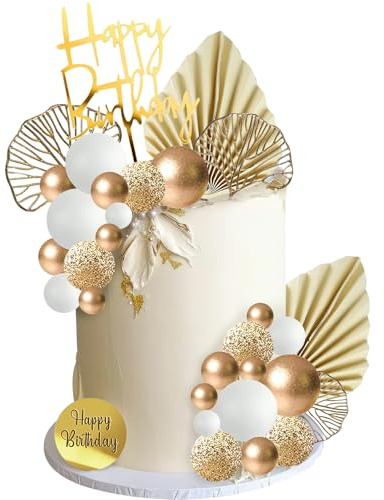 Decorazioni Torta Compleanno 29 Pezzi Palline Decorative per Torte Oro/Bianco Topper Torta Happy Birthday Cake Topper per Matrimonio, Festa in Giardino, Riunione di Famiglia