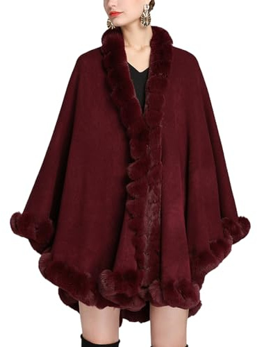 MAYILNSIN Mantello invernale Poncho con finiture in pelliccia sintetica scialle avvolgere cardigan oversize per sposa sposa damigelle d'onore, Borgogna, Taglia unica