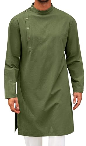 Runcati Mens Kaftan Thobe Robe Long Sleeve Cotton Henley Shirt Casual Muslim Gown Salwar Kurta Army Green