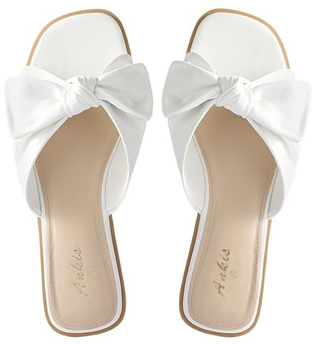 Ankis White Sandals Womens Bow Flat Sandals Dressy - Cute Summer Beach Sandals for Women 2026, Square Open Toe Comfortable Slip On Slide Sandals Bride Wedding Bridal Dress Shoes Slippers