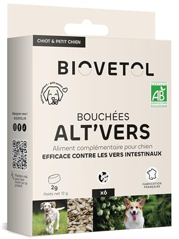 Biovetol - Bouchées Alt'vers - Efficace Contre Les vers Ronds et Les vers Plats - Certifié Agriculture Biologique - 6 bouchées (Petit Chien <20 kg, Unité)