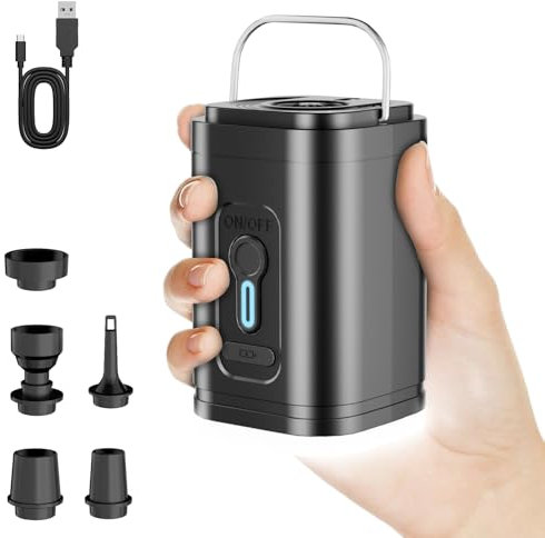Elektrische Luftpumpe mit LED Campinglampe – Mini Akku Pumpe mit 5 Düsen & USB-C | Bis zu 15 Anwendungen oder 18 Min Laufzeit | Für Luftmatratze, Schwimmring, Vakuumbeutel & Camping
