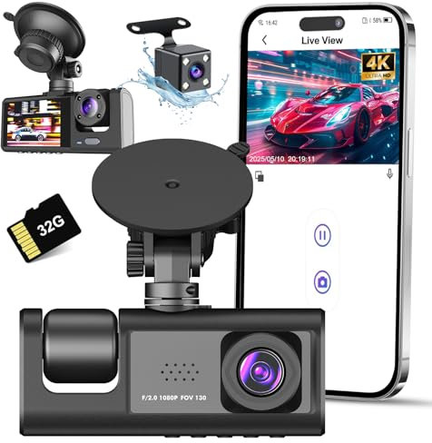 Dash Cam Auto 1080P, Scheda 32B Inserita, Camera a 3 Canali Grandangolare 170°,WiFi Telecamera per Auto, Super Dashcam con Visione Notturna, Dash Cam per con Registrazione in Loop