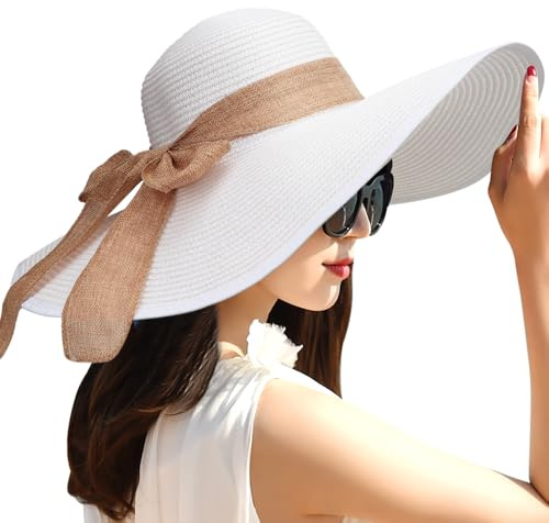 DRESHOW Femme Capeline Chapeau de Paille Chapeau à Large Bord Casquettes Anti-Soleil Respirant Pliable Rouleau Plage Cap Chapeau de Soleil UPF 50+