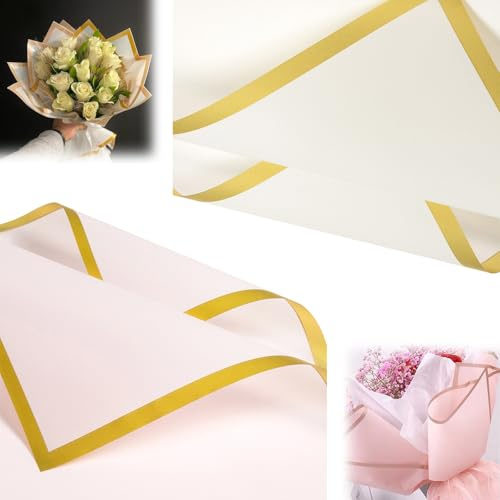 50 hojas de papel de regalo resistente al agua, papel de flores con cinta, papel floral para envolver regalos, flores, arte y manualidades, cumpleaños (rosa y blanco, 58 x 58 cm)