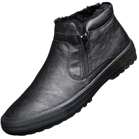 Generisch Winterschuhe mit Reissverschluss Herren Leder Stiefeletten Wasserabweisend Schneestiefel mit Fleece Gefüttert Schneeschuhe Rutschfeste Sohlen Winterstiefel Retro Kurzschaft Stiefel