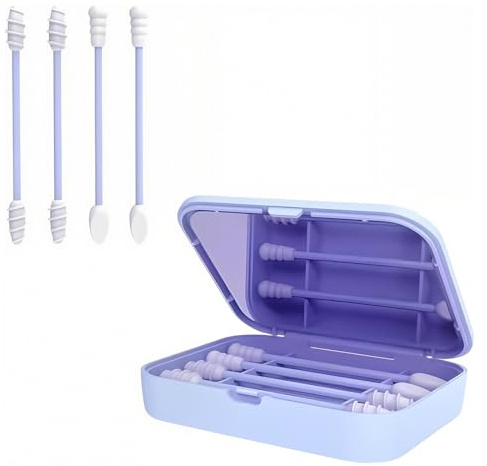 YAZWUR 4 Pezzi Bastoncini di Cotone in Silicone Riutilizzabili, Con Specchio, Doppia Spirale per Pulizia Orecchie, Make-Up, Igiene Orale e Dentale (Blu)