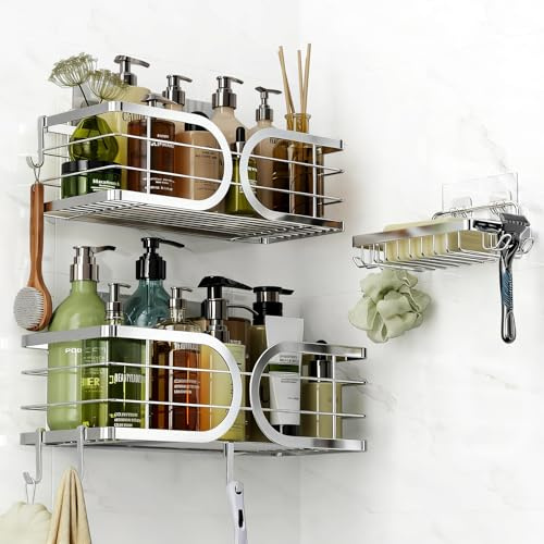 Adurei Adhesivo Estantes Cesta para Ducha de Baño 3 Piezas con Soporte para Jabón Gran Capacidad 304 Acero Inoxidable Ducha Estanteria Organizador para Cocina o Baño(Plata)