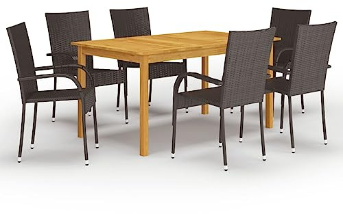QJBSAVVA Gruppo da giardino, 7 pezzi, in legno di acacia, 150 x 90 x 74 cm, con sedie in rattan sintetico, design moderno, robusto e durevole, per balcone, terrazza, giardino