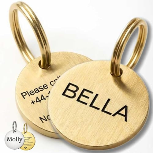 Pet ID Tag Personalized Double-Sided Solid Brass Dog Cat ID Tag - Deep Laser Engraved Name Tags for Dogs & Cats Durable Brushed Metal ID Tag, Hand-Finished in UK, Fast Delivery 20mm/25mm/30mm/35mm