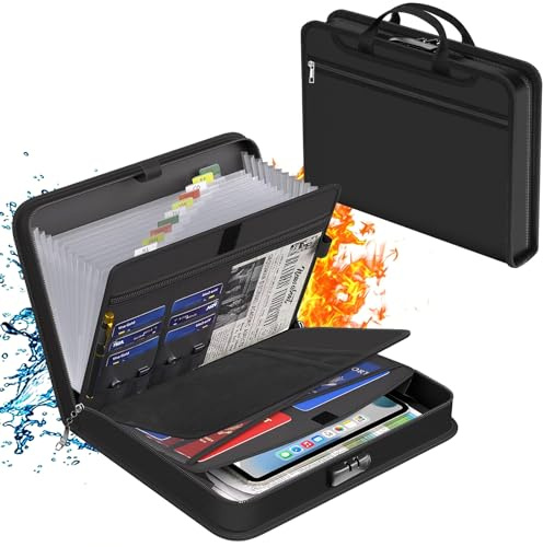 Fireproof Document Box, Xndryan Waterproof Document Bag Portable Fire Safe Storage Box Case with Lock for Contract Files Certificates Passports Cash