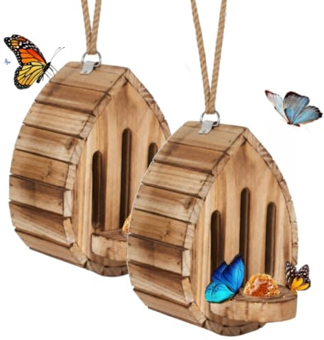 2 casas de mariposas de madera con comedero, hábitat de mariposa para jardín, hábitat colgante de mariposas con charco, refugio de mariposas que apoya la cría para exteriores, patio, balcón y patio