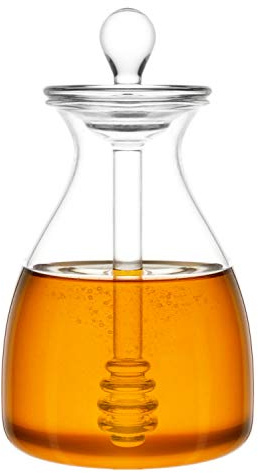 Mkono Honey Dispenser Glass Honey Pot Honey Jar with Dipper Sticks and Lid Cover Honey Containers Holder for Home Kitchen, 14 Ounces