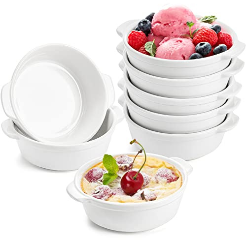 Foraineam 8 Pack 10 Ounce Porcelain Souffle Dishes with Double Handles Round Ramekins Bakeware Set for Pudding, Creme Brulee, Souffle