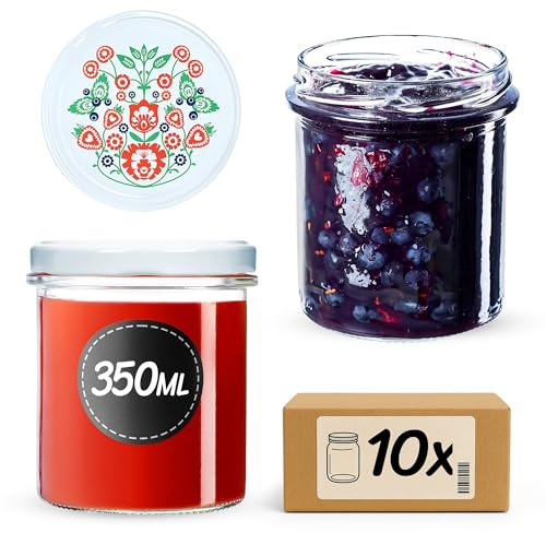KADAX Botes Herméticos, Tarros de mermelada de 350 ml, fi82 mm, tarros con tapa de rosca, vasos de miel, tarros de conservas, tarros para hongos, conservas, miel (10 unidades, folclore)