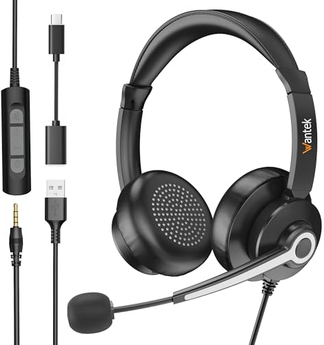 Wantek Auriculares USB con micrófono,USB/USB-C/3,5 mm Jack Cascos 3 en 1 con Cable,Cancelación de Ruido y Control de Volumen para Call Center, Zoom, Skype y Teletrabajo