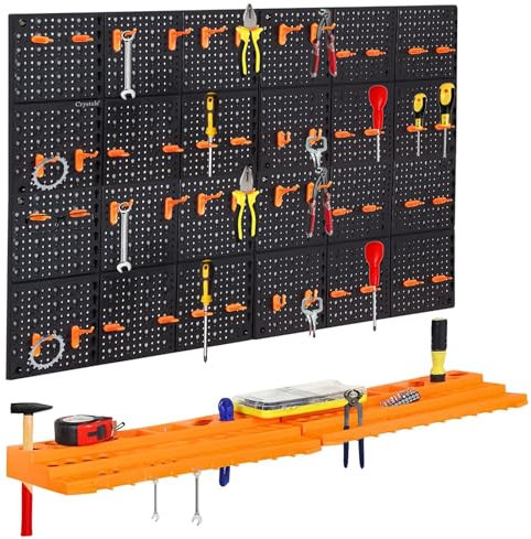 Crystals Garage Tool Storage Rack with Shelf & Pegboard For Multiple Tools, Garden Tool Rack for Easy Access to Different Tools and Accessories, Tool Board For DIY Projects & Gardening (78 Pcs)