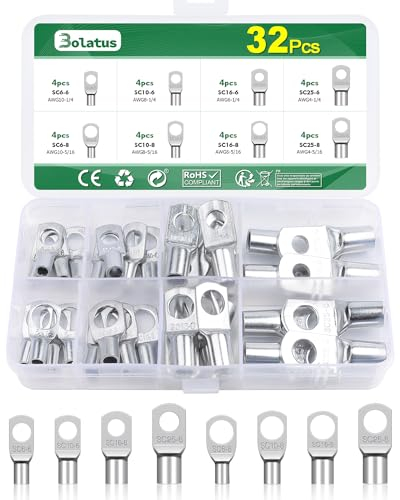 Bolatus 32 Stück Rohrkabelschuhe Set, Kabelschuhe 6mm², 10mm², 16mm², 25mm² Ringkabelschuhe aus Verzinntem Kupfer für Kfz Ringösen M6 M8