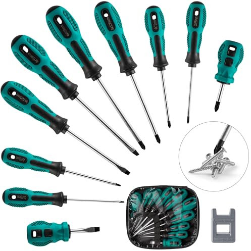 Jeu de 10 Tournevis Aimanté, 5 Tournevis Cruciforme + 5 Tournevis Plat, Poignée Antidérapante, Pointe Noircie-Chrome Vanadium