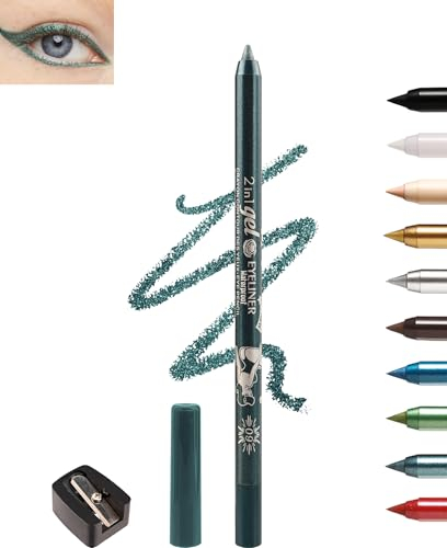 Teal Gel Eyeliner, Cremig Wasserfest Kajalstift, Lang Anhaltend, Wischfeste Eyelinerstift mit Anspitzer, Hochpigmentierter Mkroglitter Lidschattenstift, Farbige Eyeliner für Empfindliche Augen-09