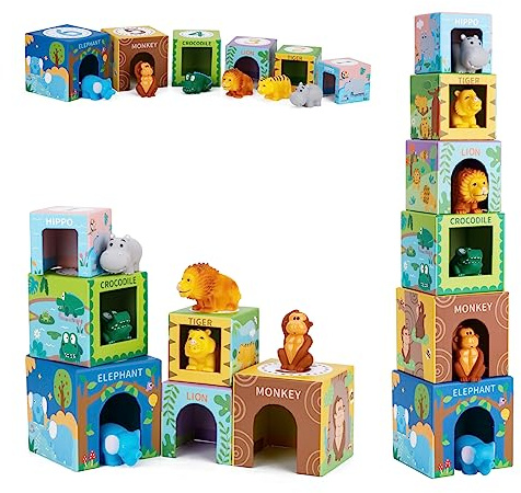 Sorting and Stacking Toys Blocks for Toddlers 1-3, Soft Safari Animal Bath Toys Age 2-4, Numbers Nesting Stackable Toys for Baby 12-18 Months, Montessori Toys Gifts for 1 2 3 Year Old Boys Girls