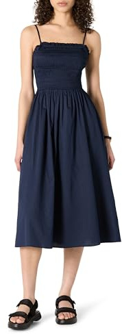 Amazon Essentials Vestido con Corpiño Nido de Abeja de Satén de Algodón de Corte Recto Mujer, Azul Marino, XL
