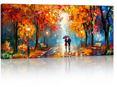 Groß Leinwandbilder Bilder Mit Rahmen, Orange Rot Herbst Park bild auf leinwand Wandkunst Modern Wandbilder Kunstdruck Gemälde Deko für Wohnzimmer Schlafzimmer, fertig zum Aufhängen 50×120cm
