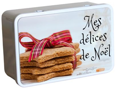 Boîteperso Boîte à biscuits Noël | Mes délices de Noël | Boîte en métal | Boîte conservation | Coffret décoratif Noël | Multifonction | 196x131x72mm | Fabrication Française
