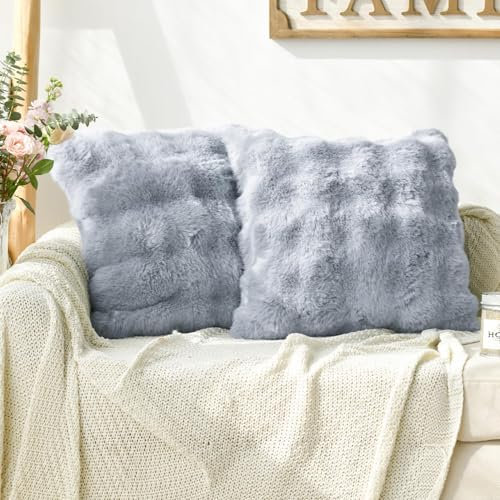 Artoid Mode Grau Super Weich Künstliche Pelz Blasen Puffy Kissen Kissenbezüge Dekokissen 2er Set, 45x45 cm Flauschig Plüsch Samt Zierkissenbezug Sofa Schlafzimmer Deko